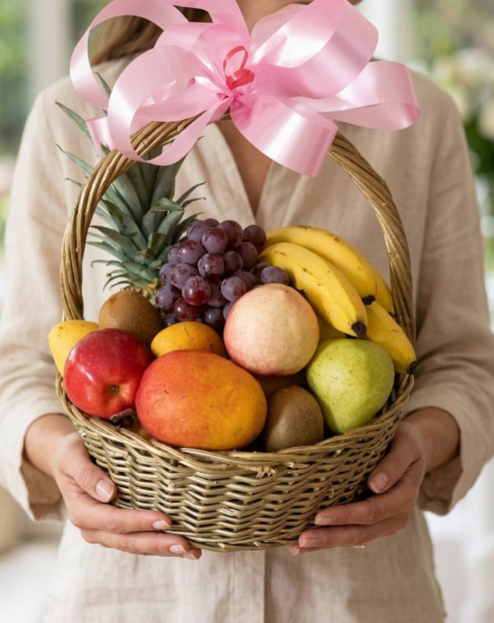 Фруктовая корзина «Витаминный заряд» (с розовым бантом)